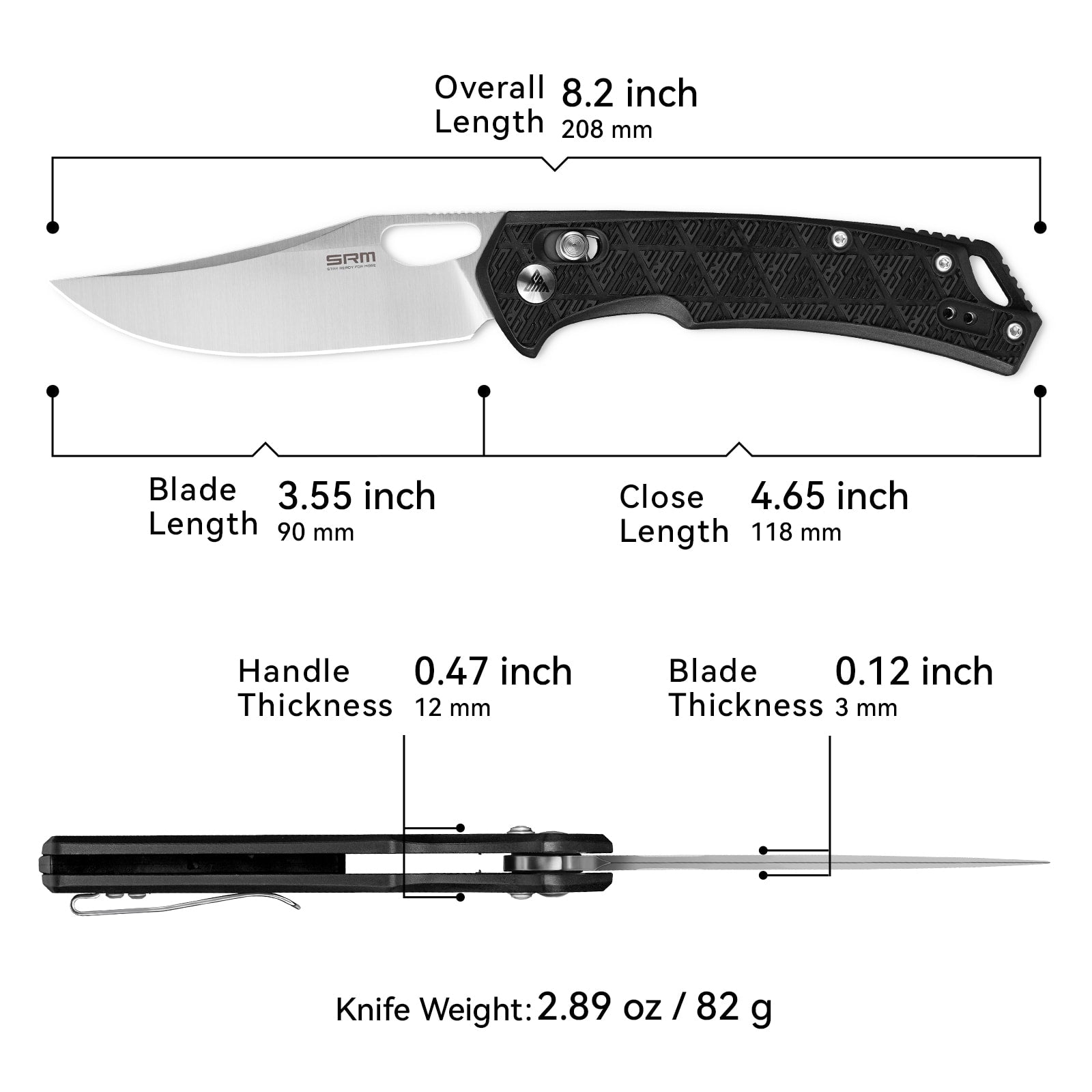 Dimensions and specs of SRM Retriever 9201-PB folding hunting knife