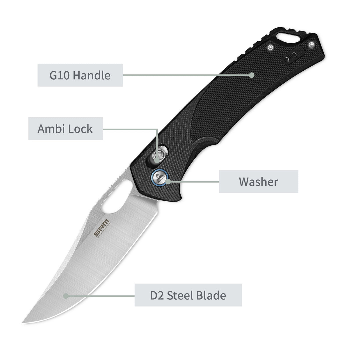 Feature labels of SRM Retriever 9201 folding hunting knife: ambi lock and steel blade