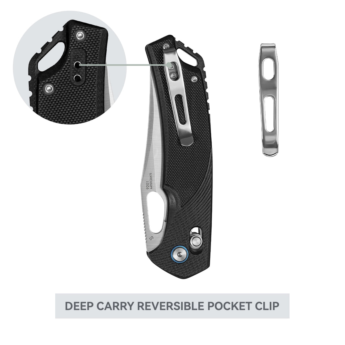Close-up of SRM Retriever 9201 folding hunting knife reversible pocket clip