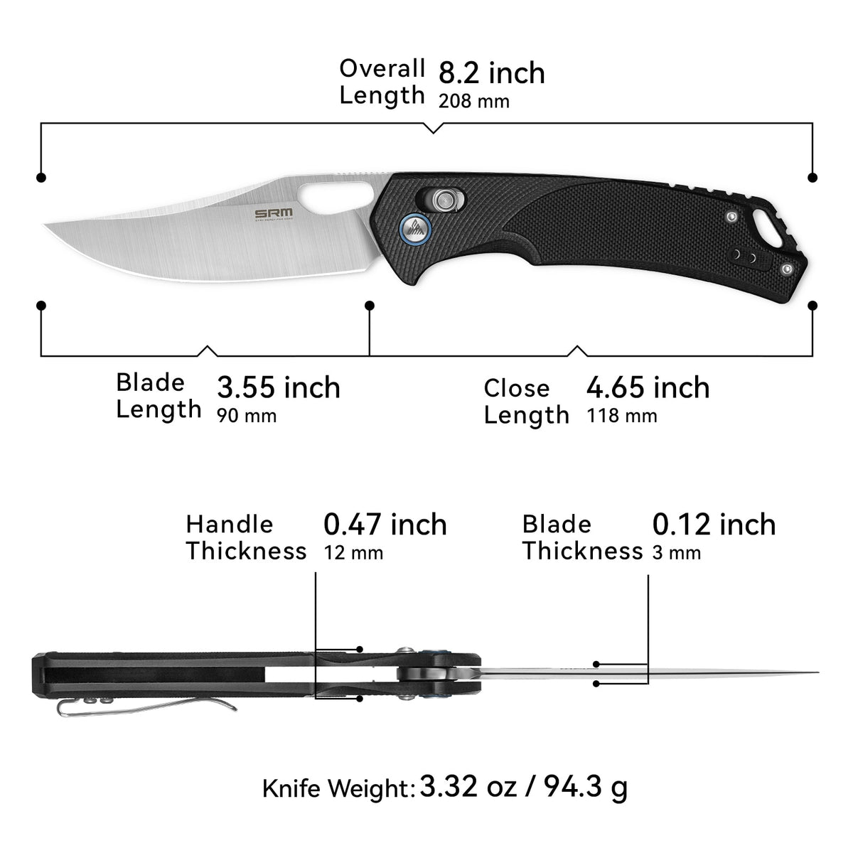 Dimensions and specs of SRM Retriever 9201 folding hunting knife