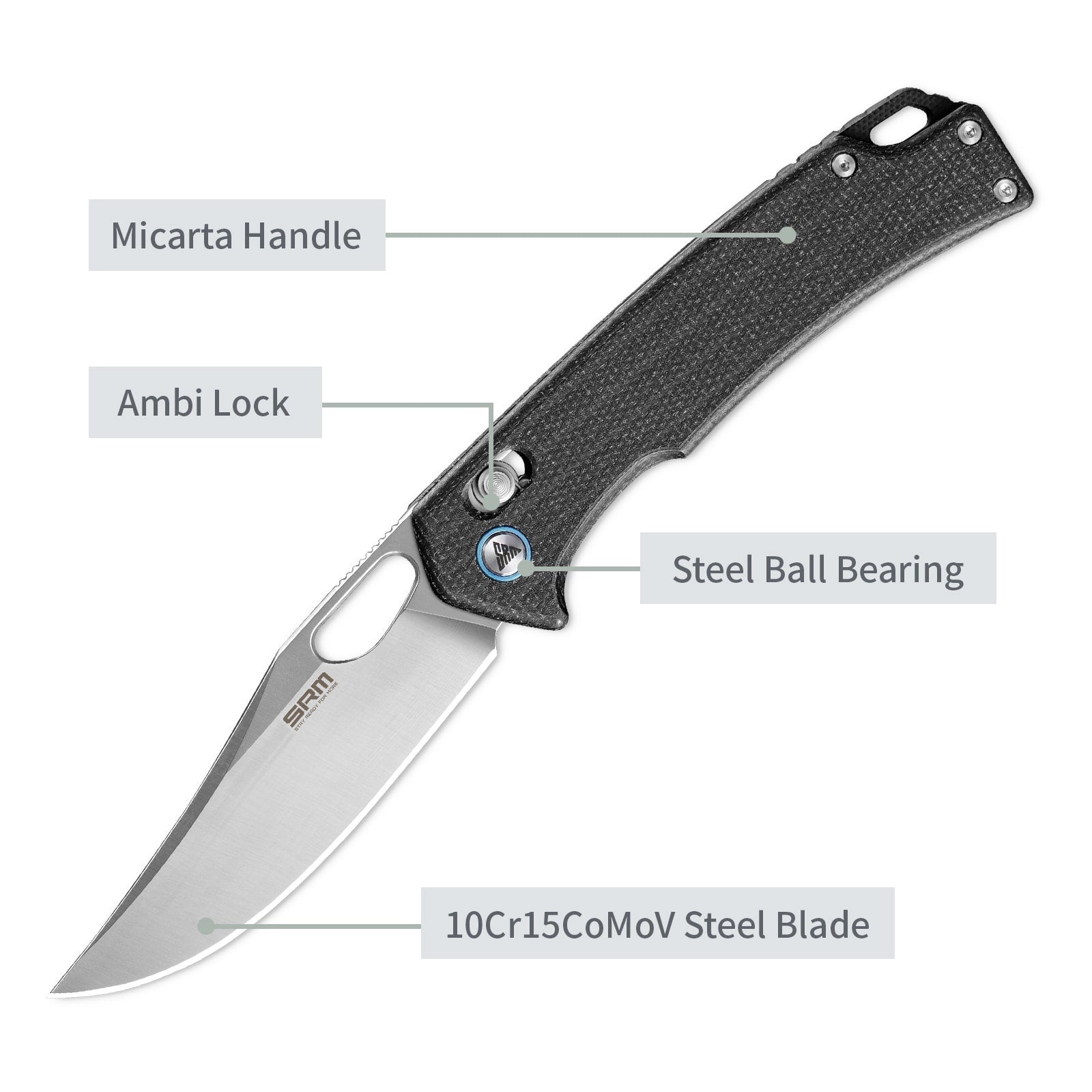 Feature labels of SRM Retriever 9203-MB hunting folding knife: ambi lock and steel blade