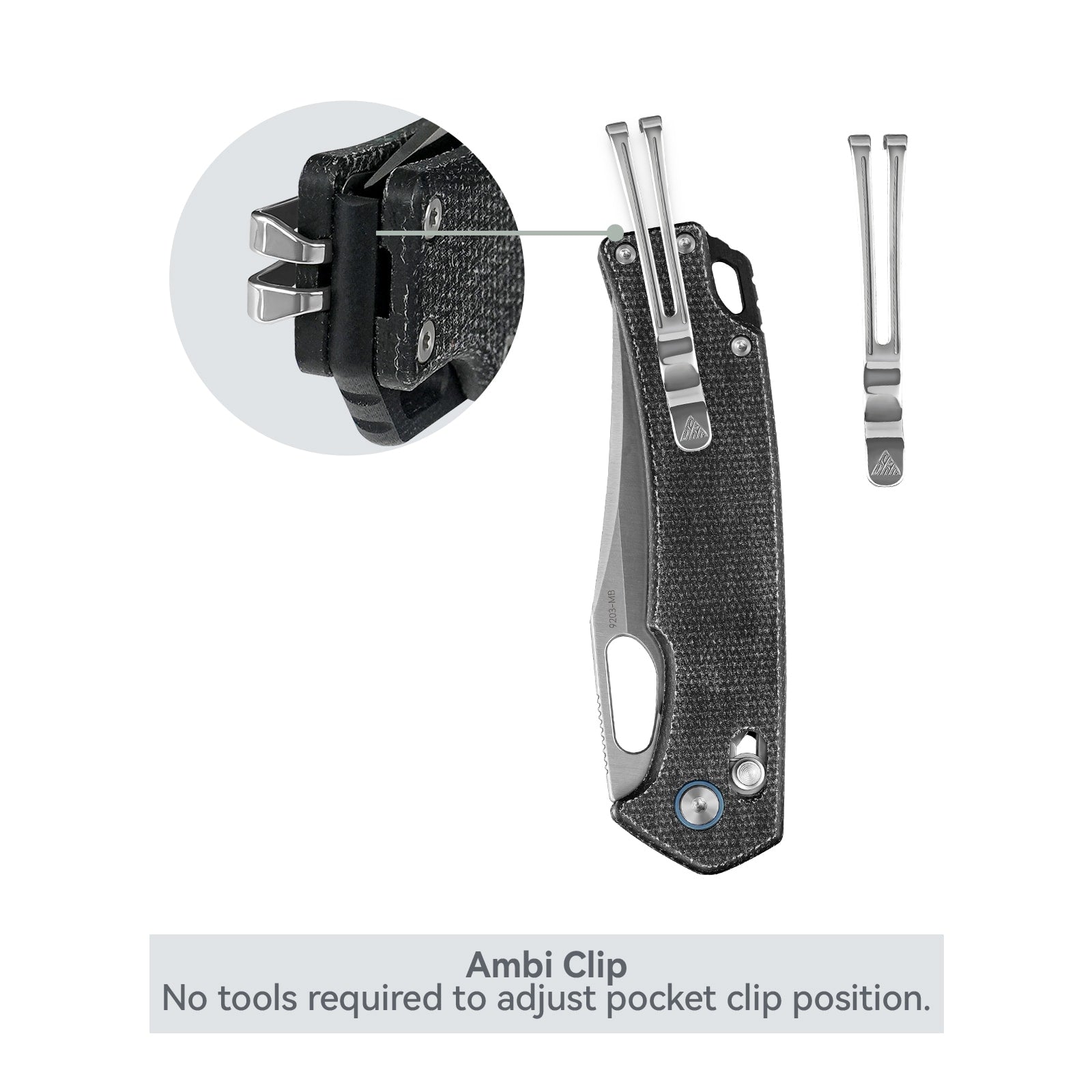 Close-up of SRM Retriever 9203-MB hunting folding knife ambidextrous pocket clip