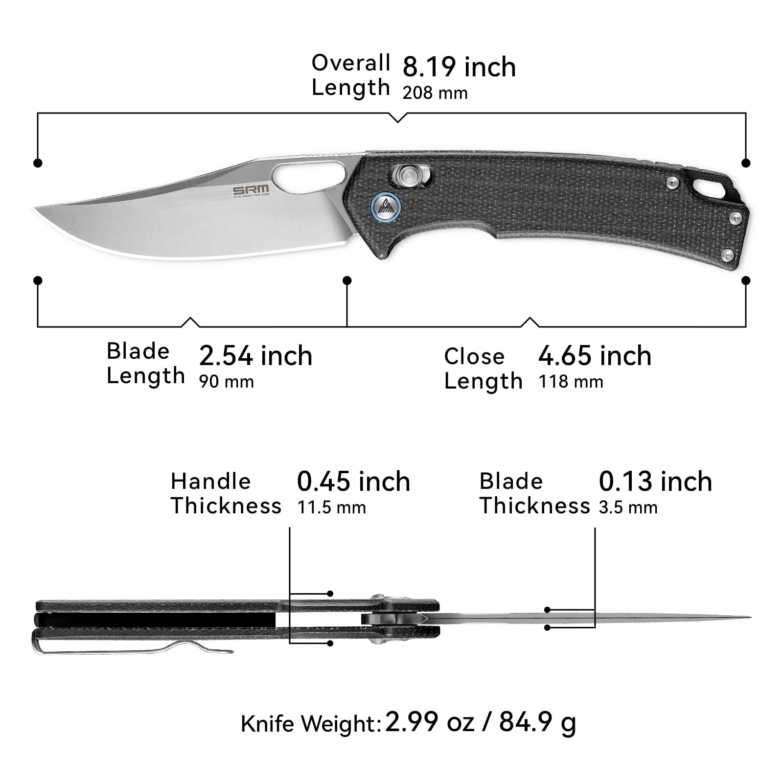 Dimensions and specs of SRM Retriever 9203-MB hunting folding knife