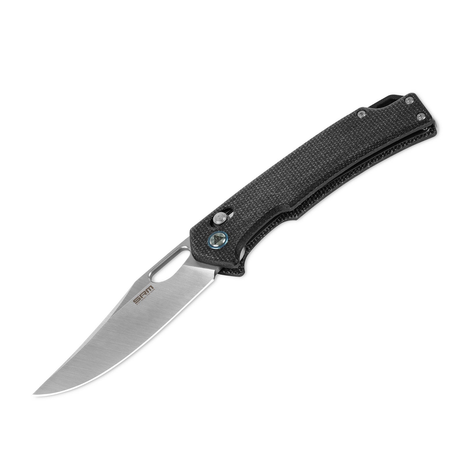 Detailed view of SRM Retriever 9203-MB hunting folding knife handle and blade