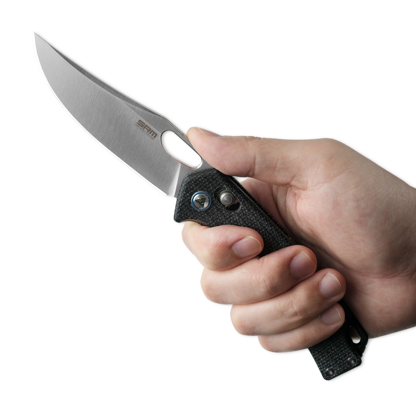 Hand holding SRM Retriever 9203-MB hunting folding knife