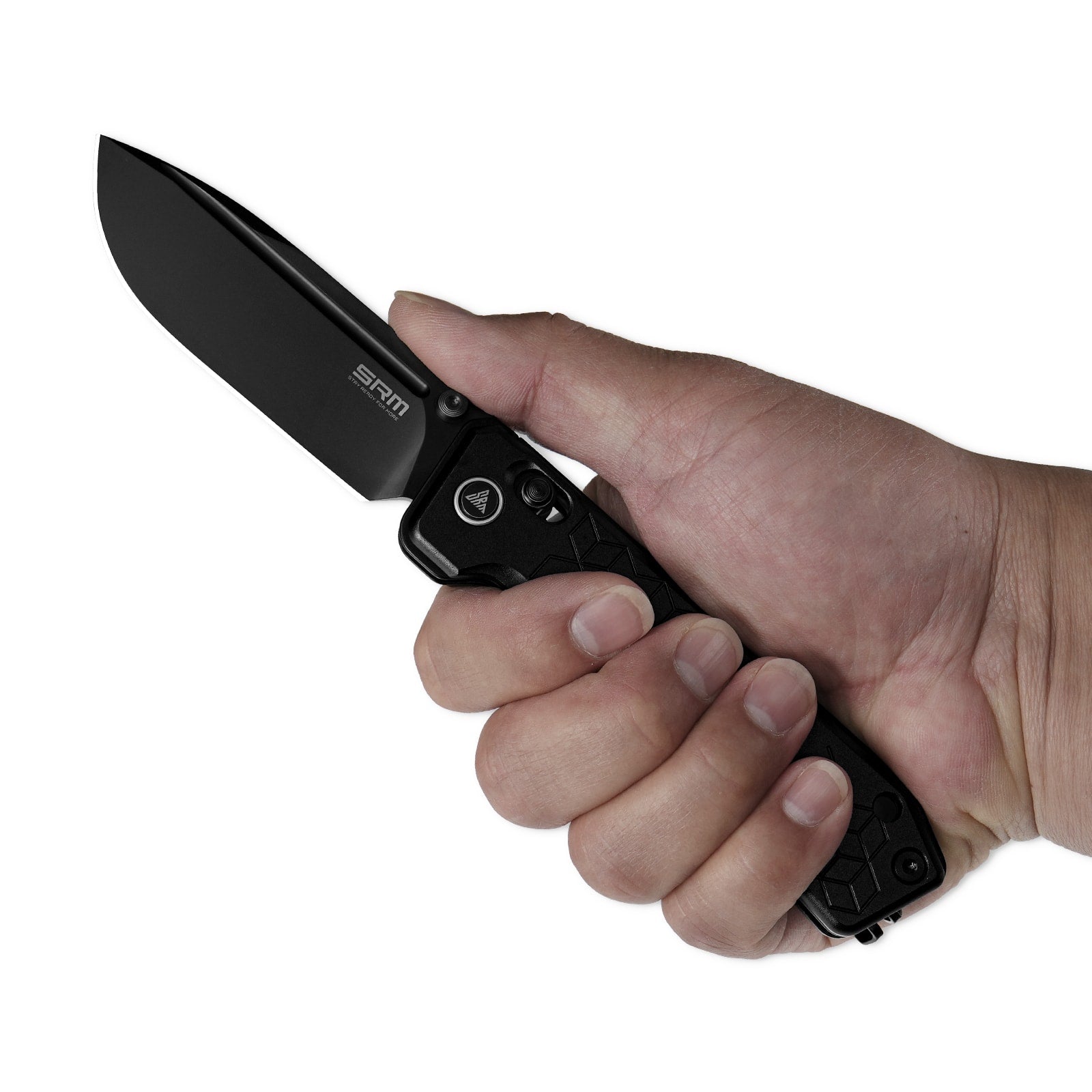 Hand holding SRM Rubik 7228B-AB tactical pocket knife