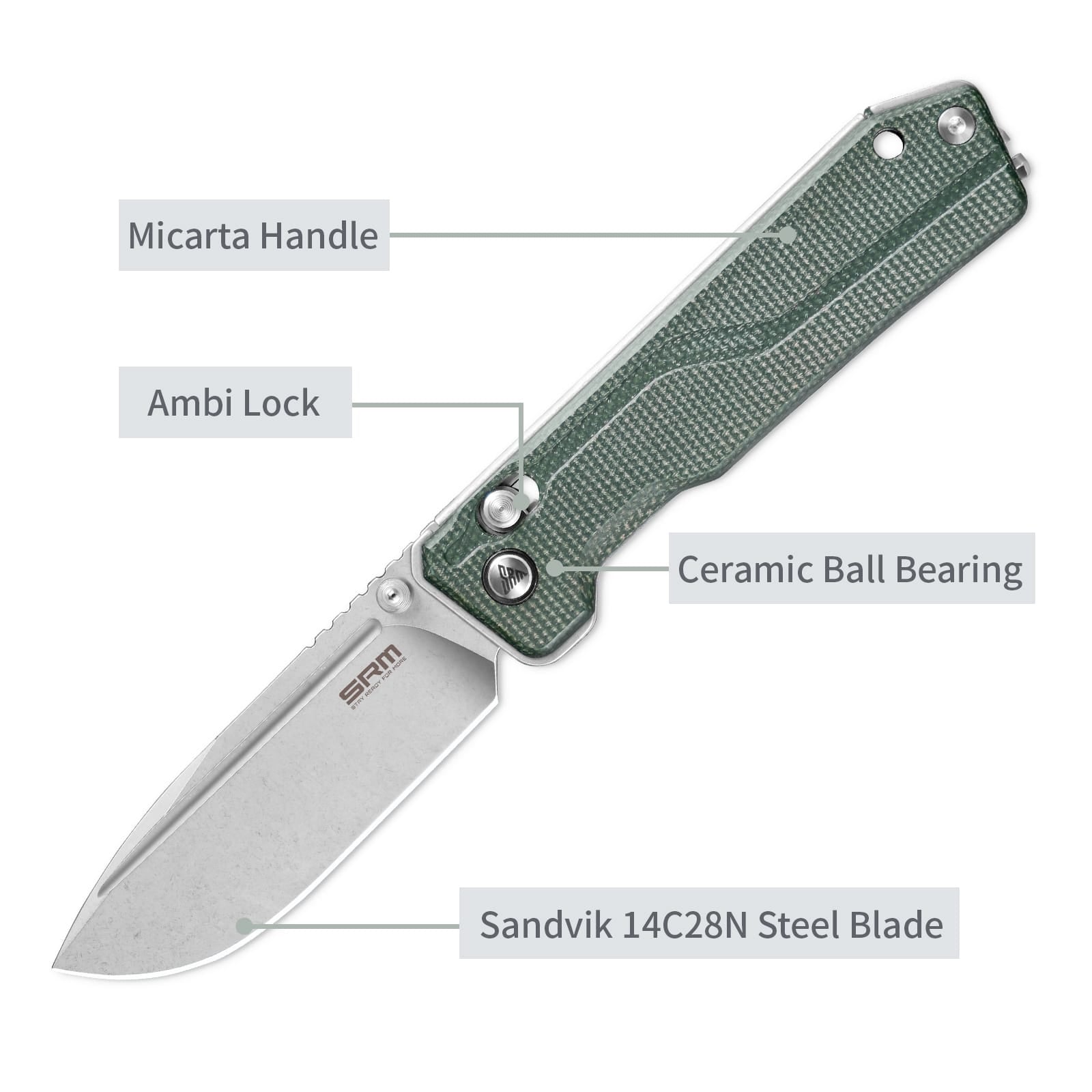 Feature labels of SRM Rubik 7228B-MG tactical pocket knife: ambi lock and steel blade