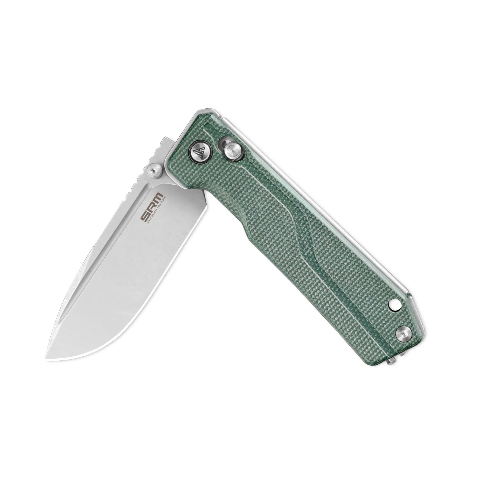 Half-folded state angle of the SRM Rubik 7228B-MG tactical pocket knife with blade open
