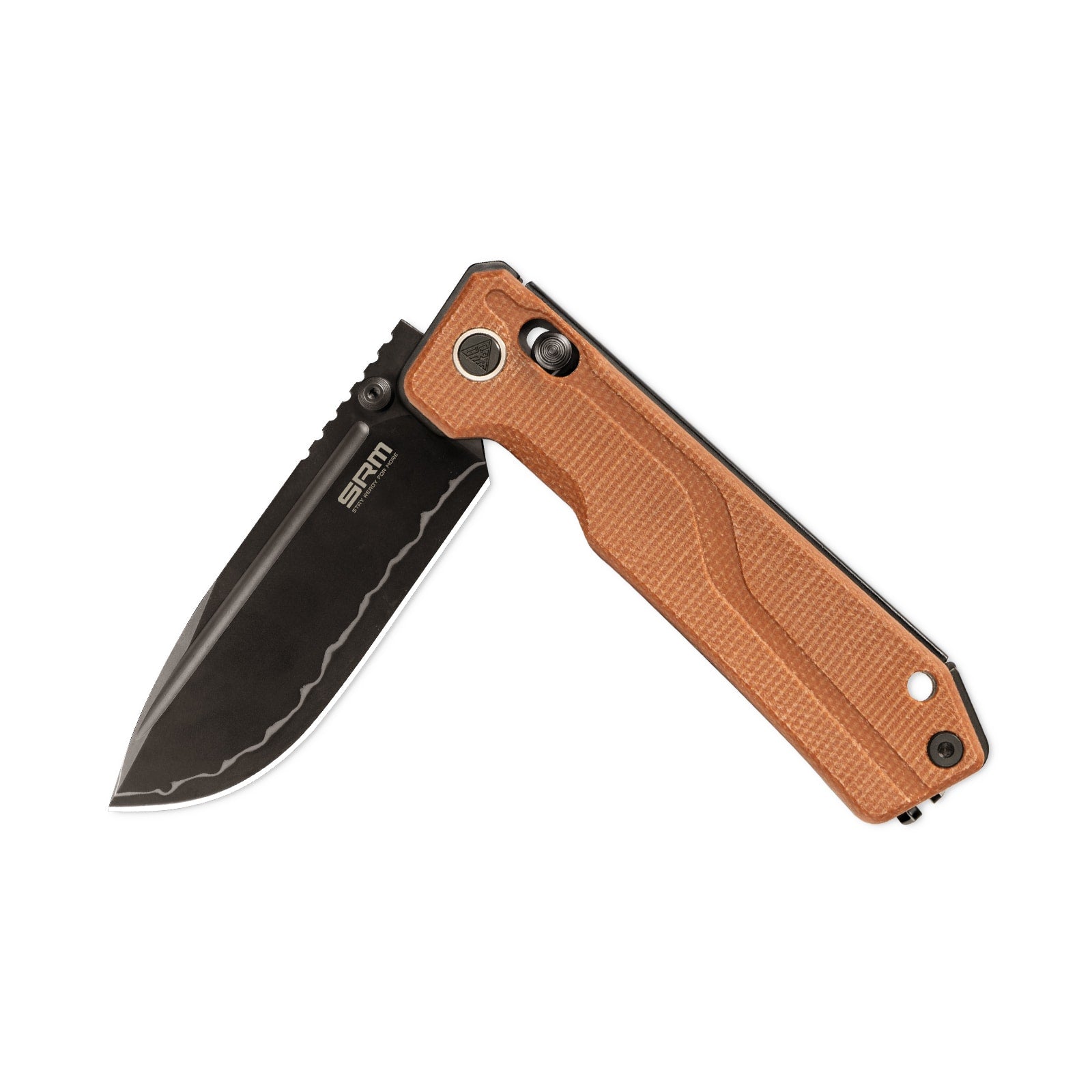 Half-folded state angle of the SRM Rubik 7228B-MN2 tactical pocket knife with blade open
