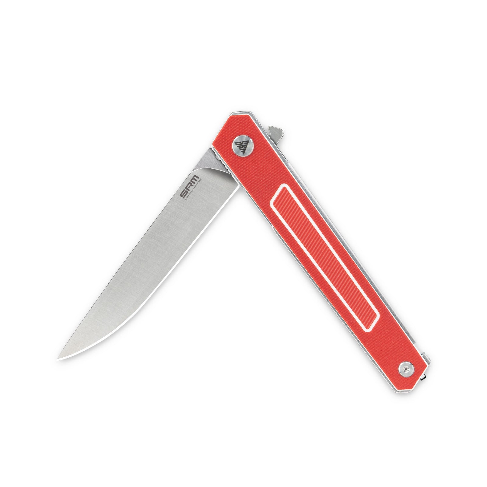 Half-folded state angle of the SRM Swift 125L-GR liner lock knife with blade open