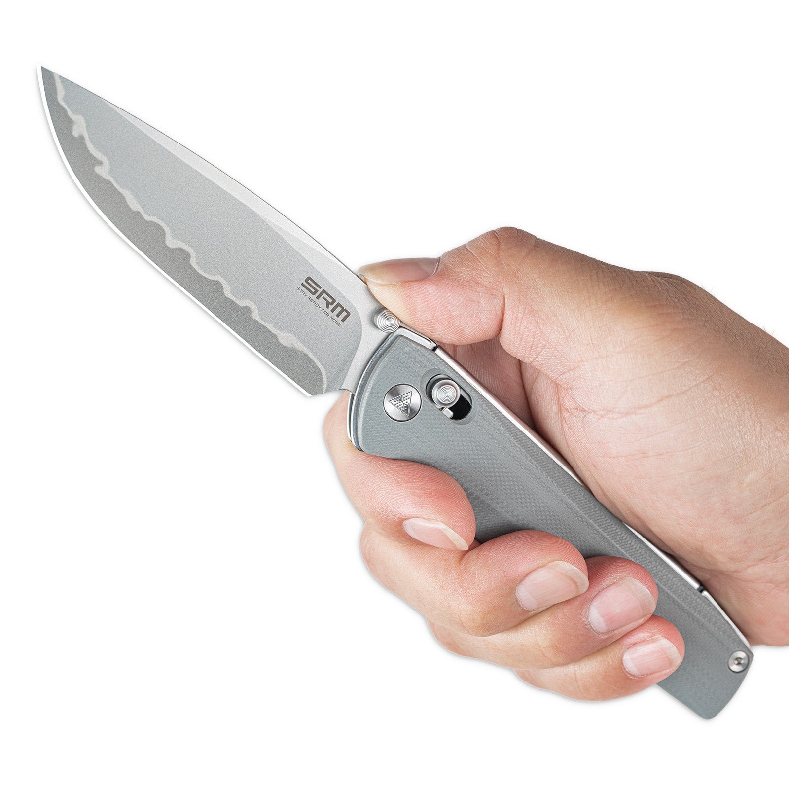 Hand holding SRM Terrier 258L-GK2 EDC pocket knife