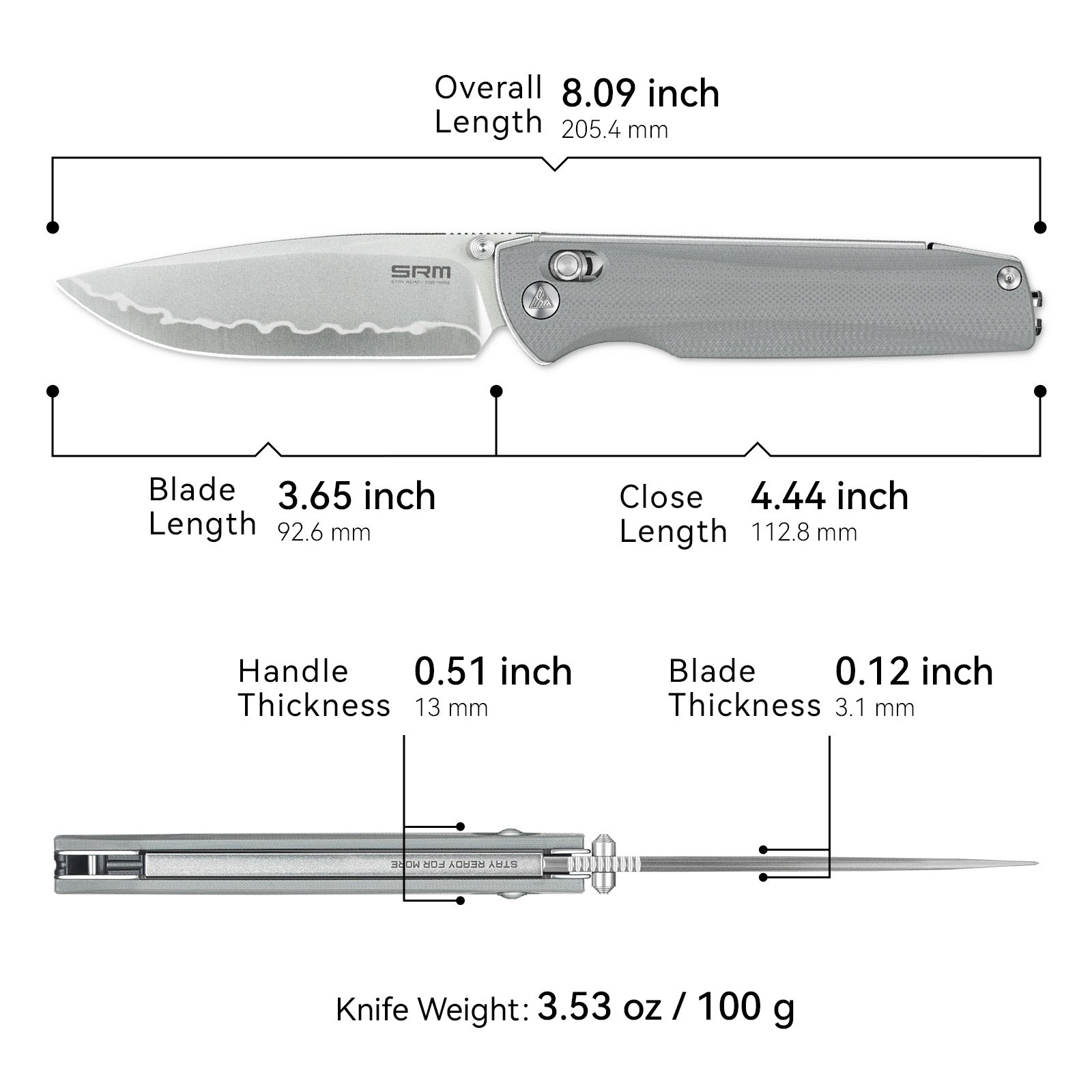 Dimensions and specs of SRM Terrier 258L-GK2 EDC pocket knife