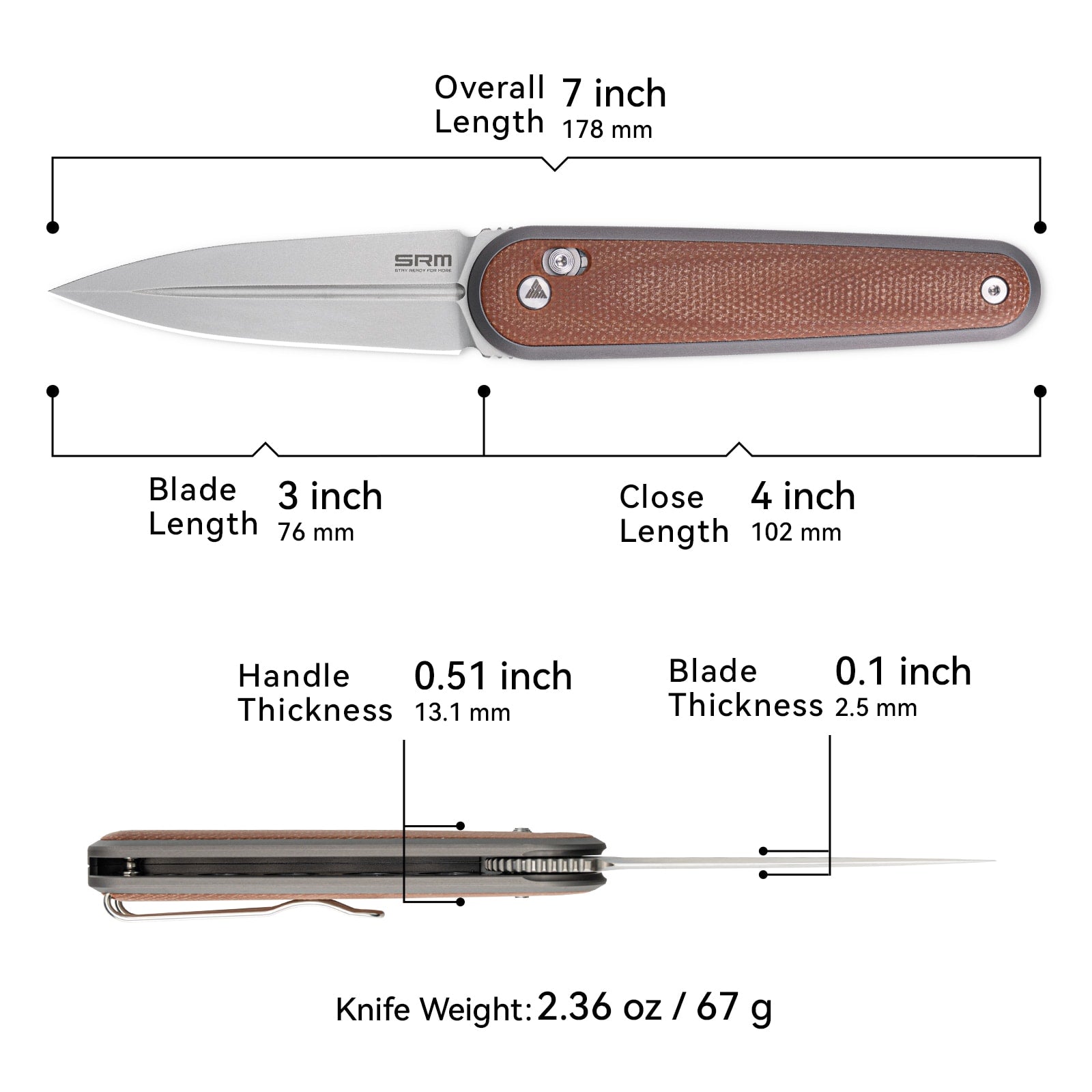 Dimensions and specs of SRM Twin 251MB-MN EDC knife