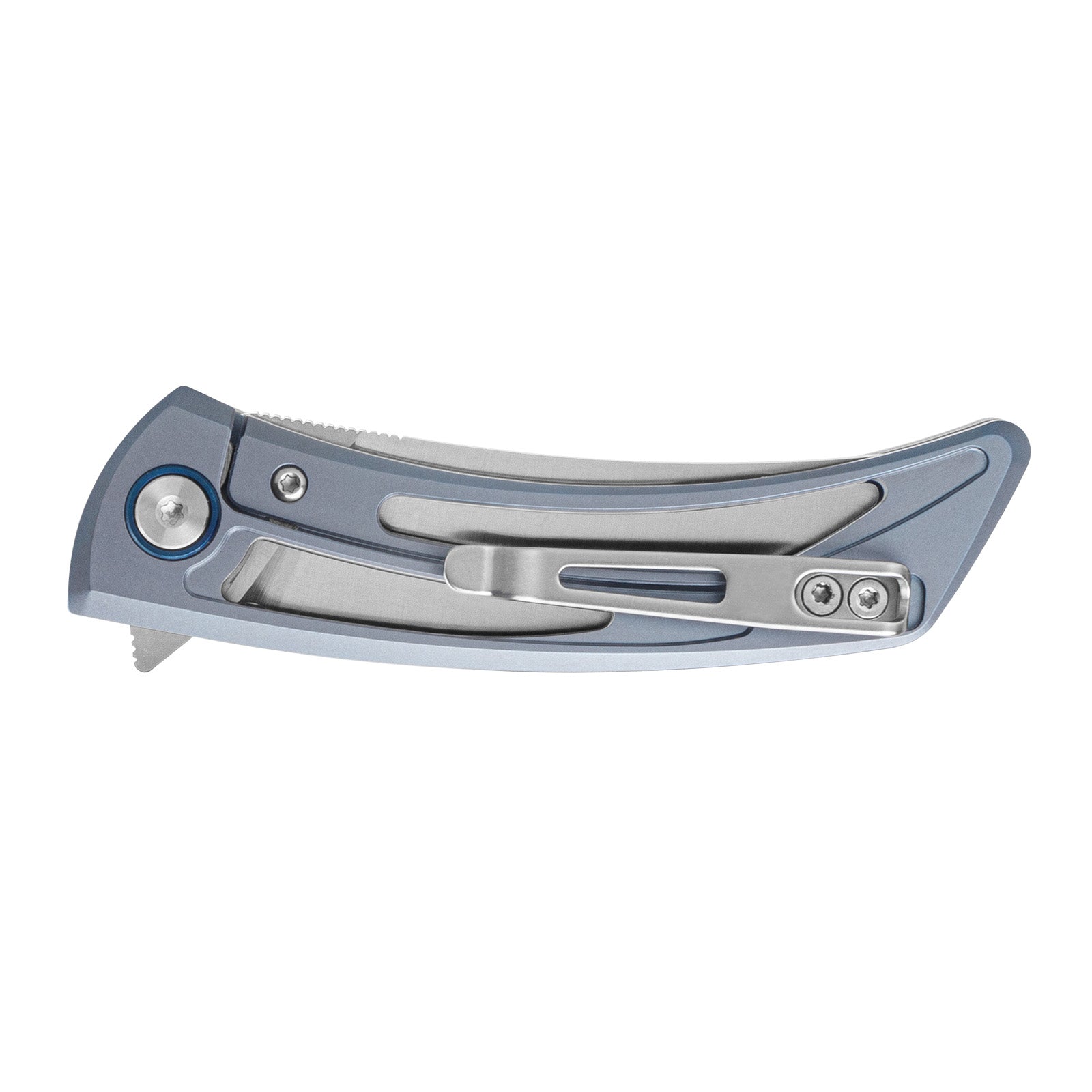 The image shows the side of the pocket clip on the handle of the SRM Unicorn 7415-TE frame lock knife.