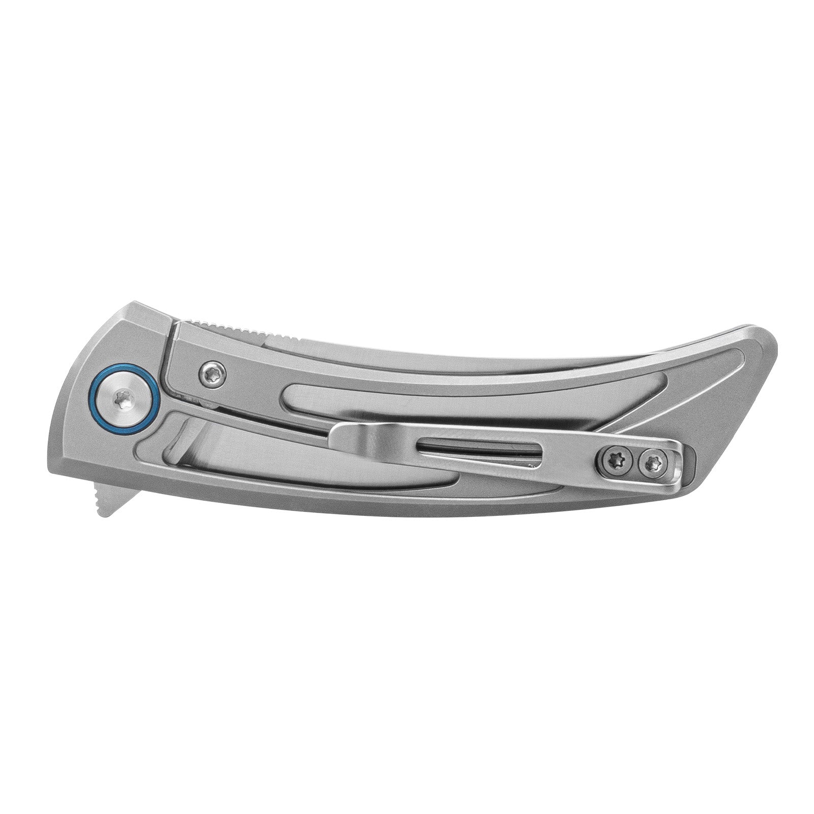 The image shows the side of the pocket clip on the handle of the SRM Unicorn 7415-TZ frame lock knife.