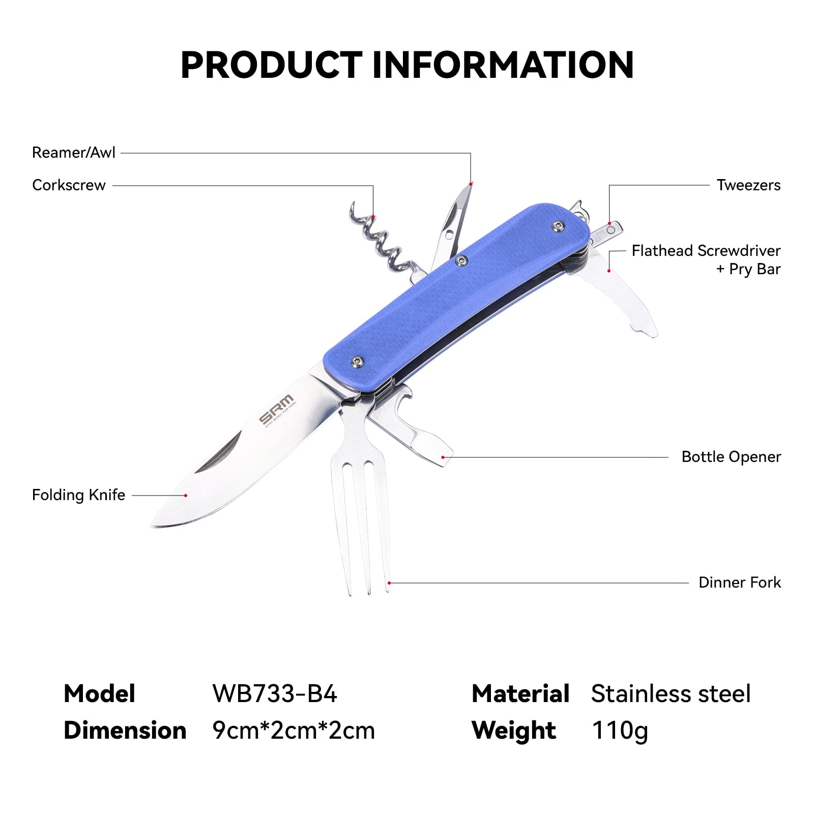 SRM STAY READY FOR MORE Outdoor Multi-Tool Folding Knife with Saw, Tweezers, Screwdriver, Bottle Opener, Corkscrew, Reamer/Awl & Dinner Fork | WB733-B4
