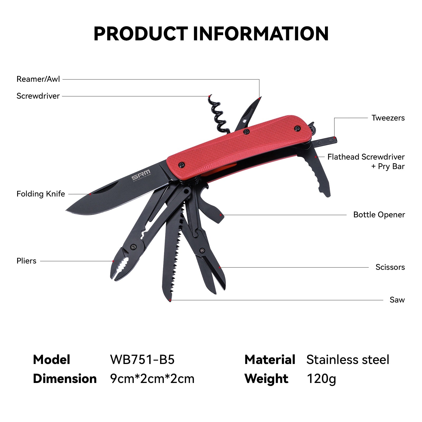 SRM SRM STAY READY FOR MORE Outdoor Multi-Tool Folding Knife with Saw, Scissors, Tweezers, Screwdriver, Bottle Opener, Corkscrew, Awl & Pliers | WB751-B5
