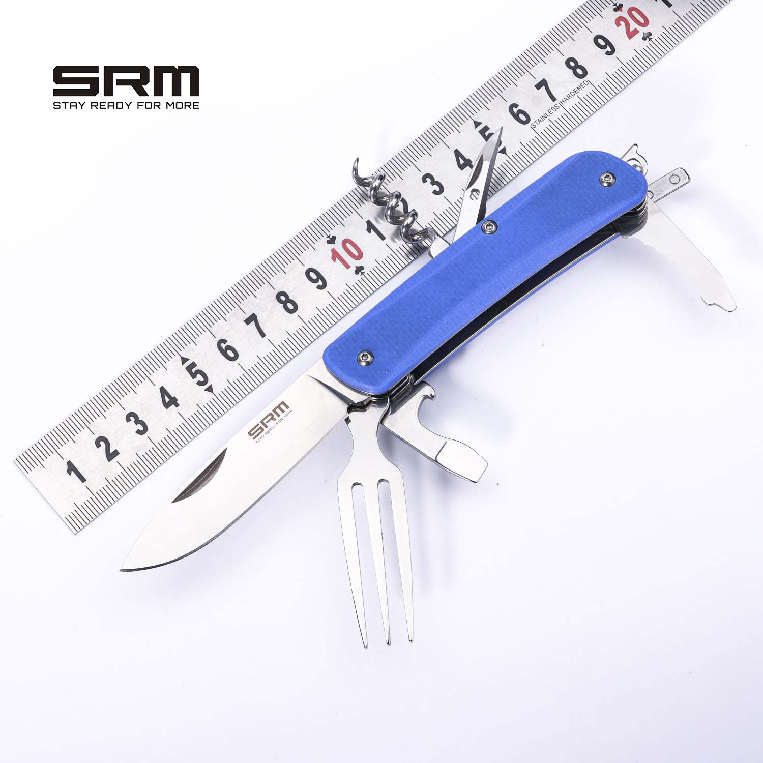 SRM STAY READY FOR MORE Outdoor Multi-Tool Folding Knife with Saw, Tweezers, Screwdriver, Bottle Opener, Corkscrew, Reamer/Awl & Dinner Fork | WB733-B4