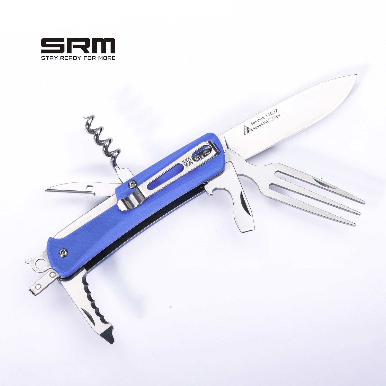 SRM STAY READY FOR MORE Outdoor Multi-Tool Folding Knife with Saw, Tweezers, Screwdriver, Bottle Opener, Corkscrew, Reamer/Awl & Dinner Fork | WB733-B4
