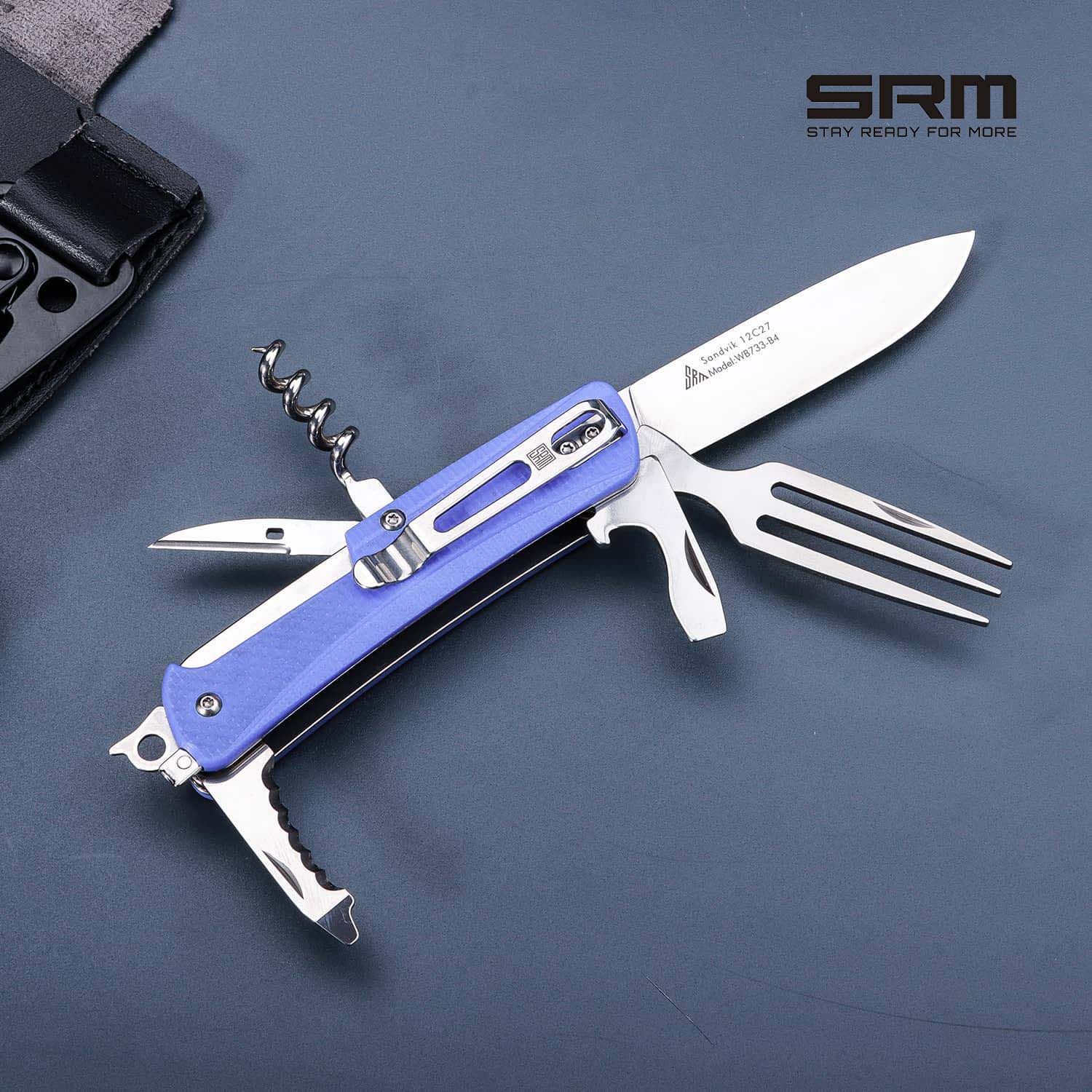 SRM STAY READY FOR MORE Outdoor Multi-Tool Folding Knife with Saw, Tweezers, Screwdriver, Bottle Opener, Corkscrew, Reamer/Awl & Dinner Fork | WB733-B4