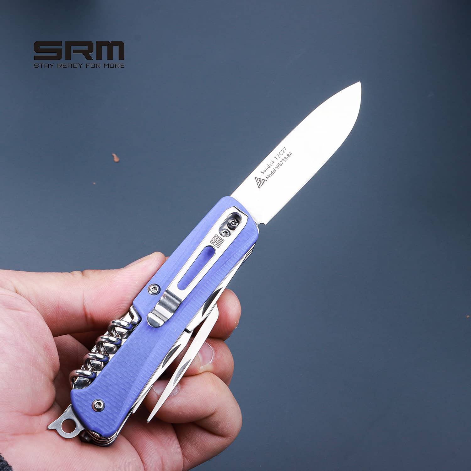 SRM STAY READY FOR MORE Outdoor Multi-Tool Folding Knife with Saw, Tweezers, Screwdriver, Bottle Opener, Corkscrew, Reamer/Awl & Dinner Fork | WB733-B4