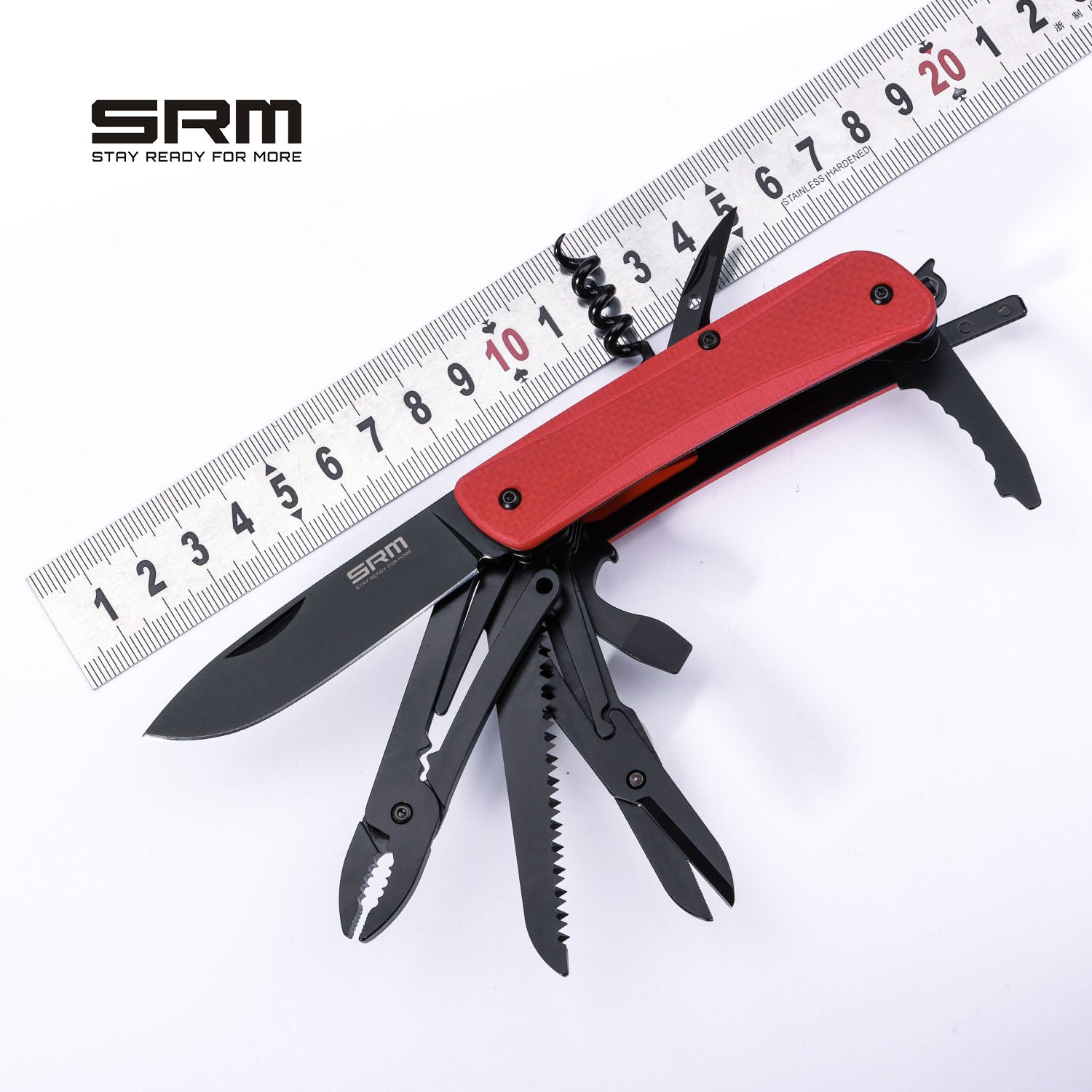 SRM SRM STAY READY FOR MORE Outdoor Multi-Tool Folding Knife with Saw, Scissors, Tweezers, Screwdriver, Bottle Opener, Corkscrew, Awl & Pliers | WB751-B5