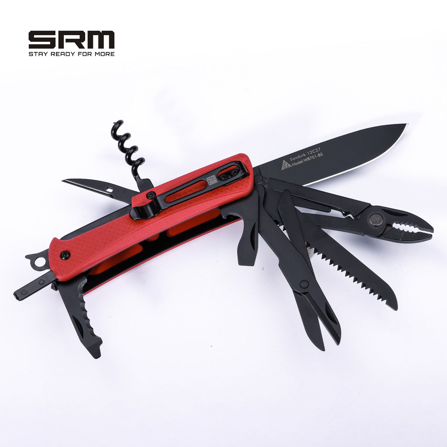 SRM SRM STAY READY FOR MORE Outdoor Multi-Tool Folding Knife with Saw, Scissors, Tweezers, Screwdriver, Bottle Opener, Corkscrew, Awl & Pliers | WB751-B5